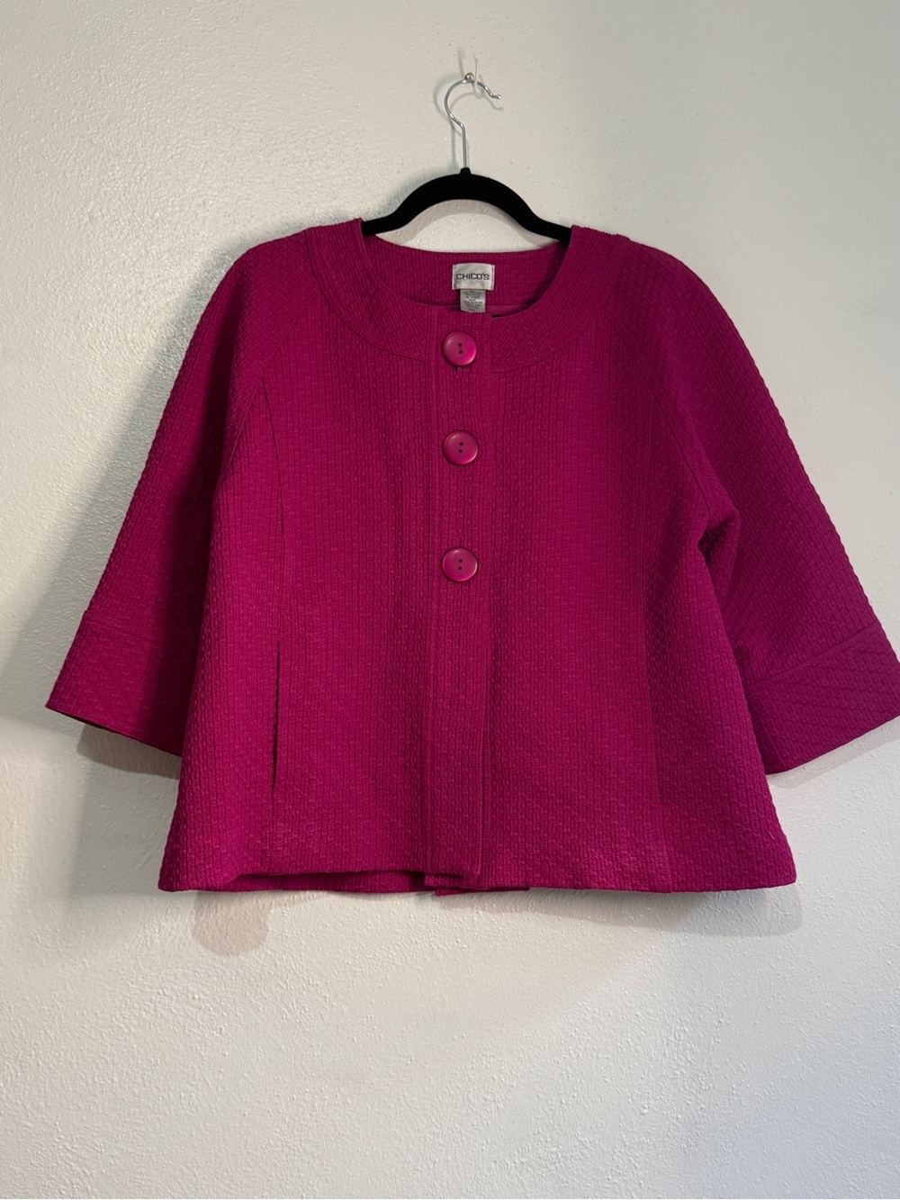 Chico's Bright Fuchsia Three-Button Textured Jacket. Sz 1 (M 8-10)